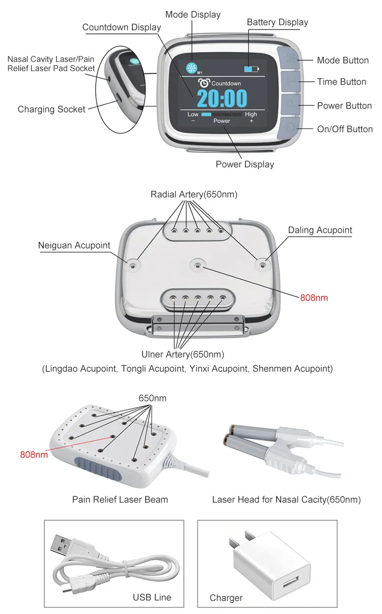 3 in 1 Adjustable Cold Laser Therapy Red Light Wrist Watch Reduce Pain for Rhinitis Joint Wound