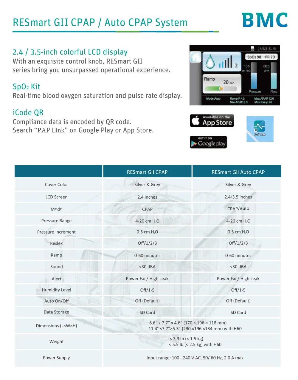 BMC for Sleep Snoring Apnea GII Auto CPAP E-20A Smart Home Medical Machine with Pillow Mask