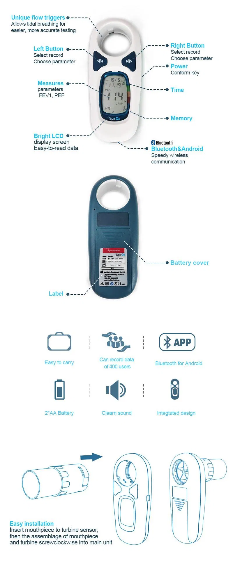 Espirometro De Bolsillo De Alta Tecnologia Spirox-P Con Software PARA PC Por USB