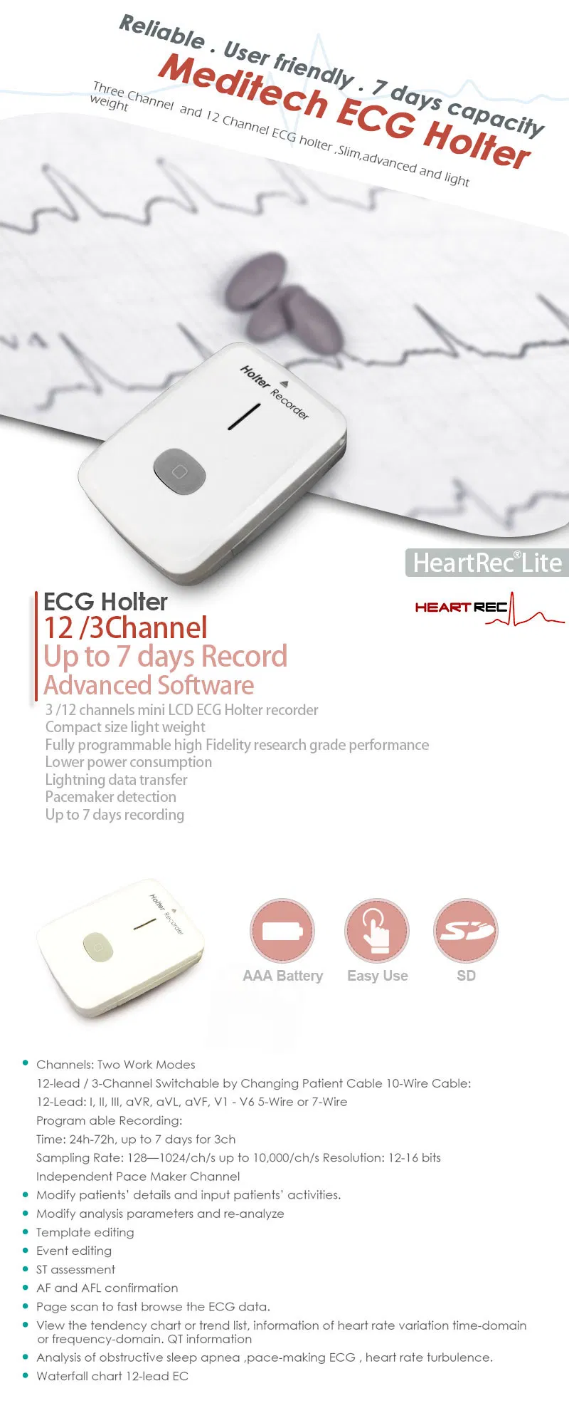 Holter ECG Device ECG 24 Hour Holter Monitor--Heartrec Lite