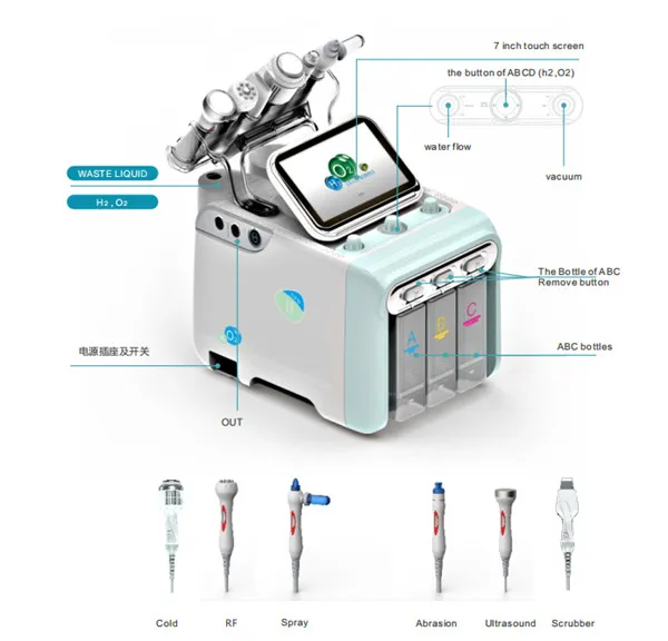 Hot Portable 6 in 1 H2O2 Hydradermabrasion Hydro Facial Skin Care Device with RF Ultrasound Skin Scrubber