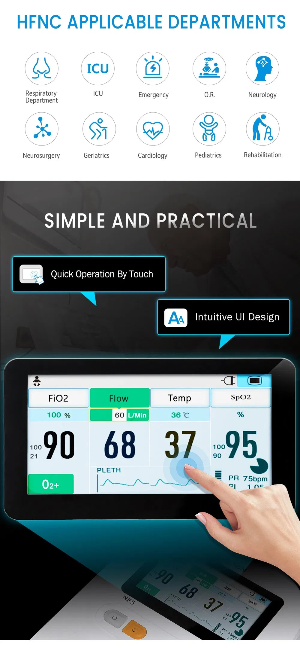 NF5 Hfnc Factory Medical High Flow Heated Respiratory Humidifier for Hospital Use with CE Certification