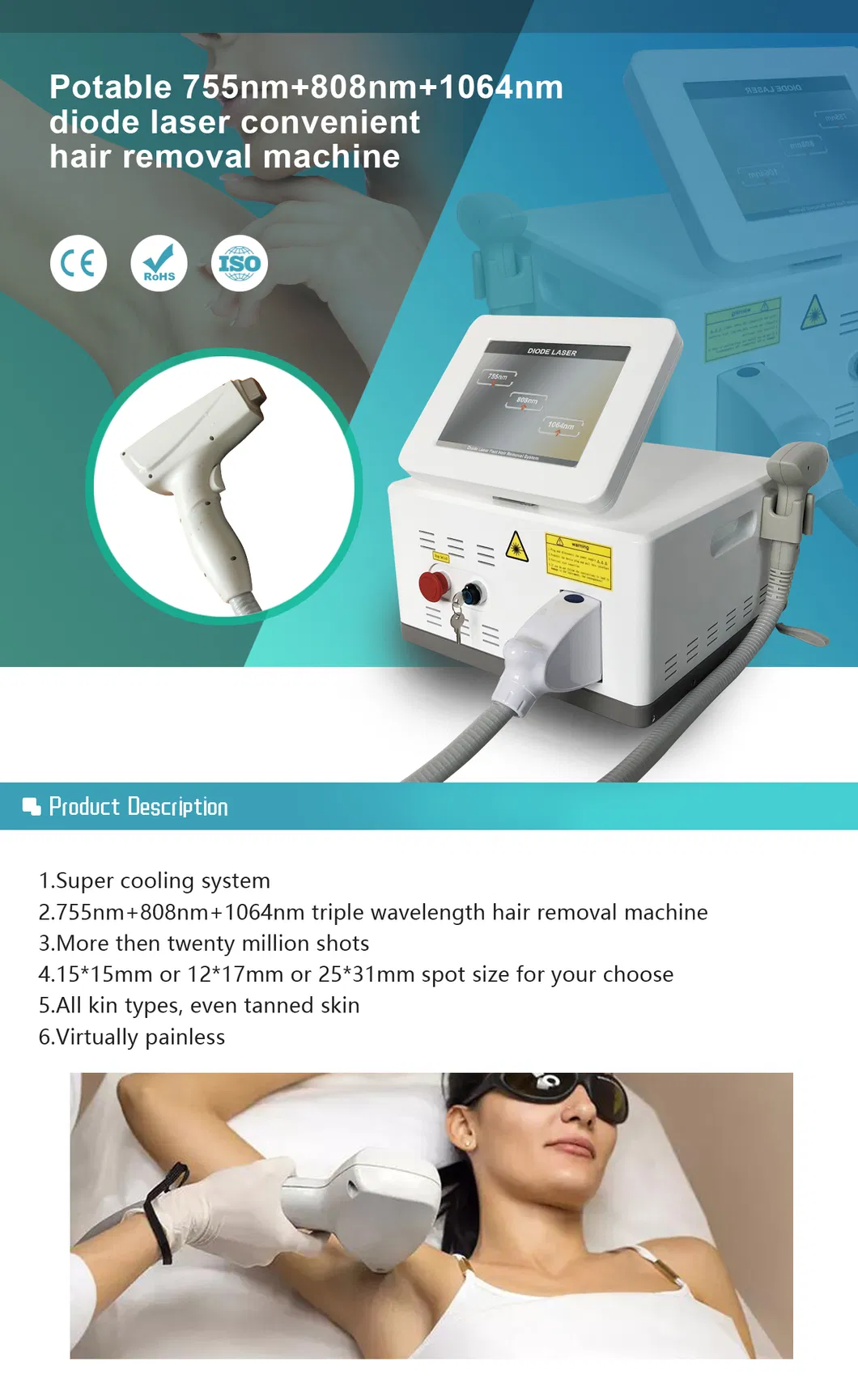 Portable 808 755 1064 Diode Laser Hair Removal Machine