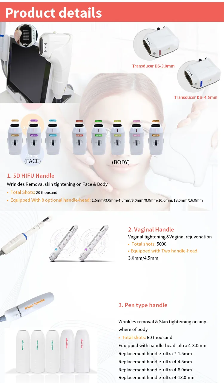 Professional 1.5mm 3.0mm 4.5mm 8mm 13mm Hifu Skin Tightening Hifu Face Lift X Machine