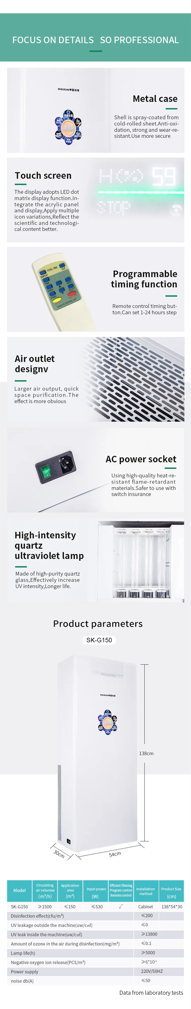 Snxin Floor Standing Type Sk-G150 UV Air Sterilizer High Power Air Purifier for Medical