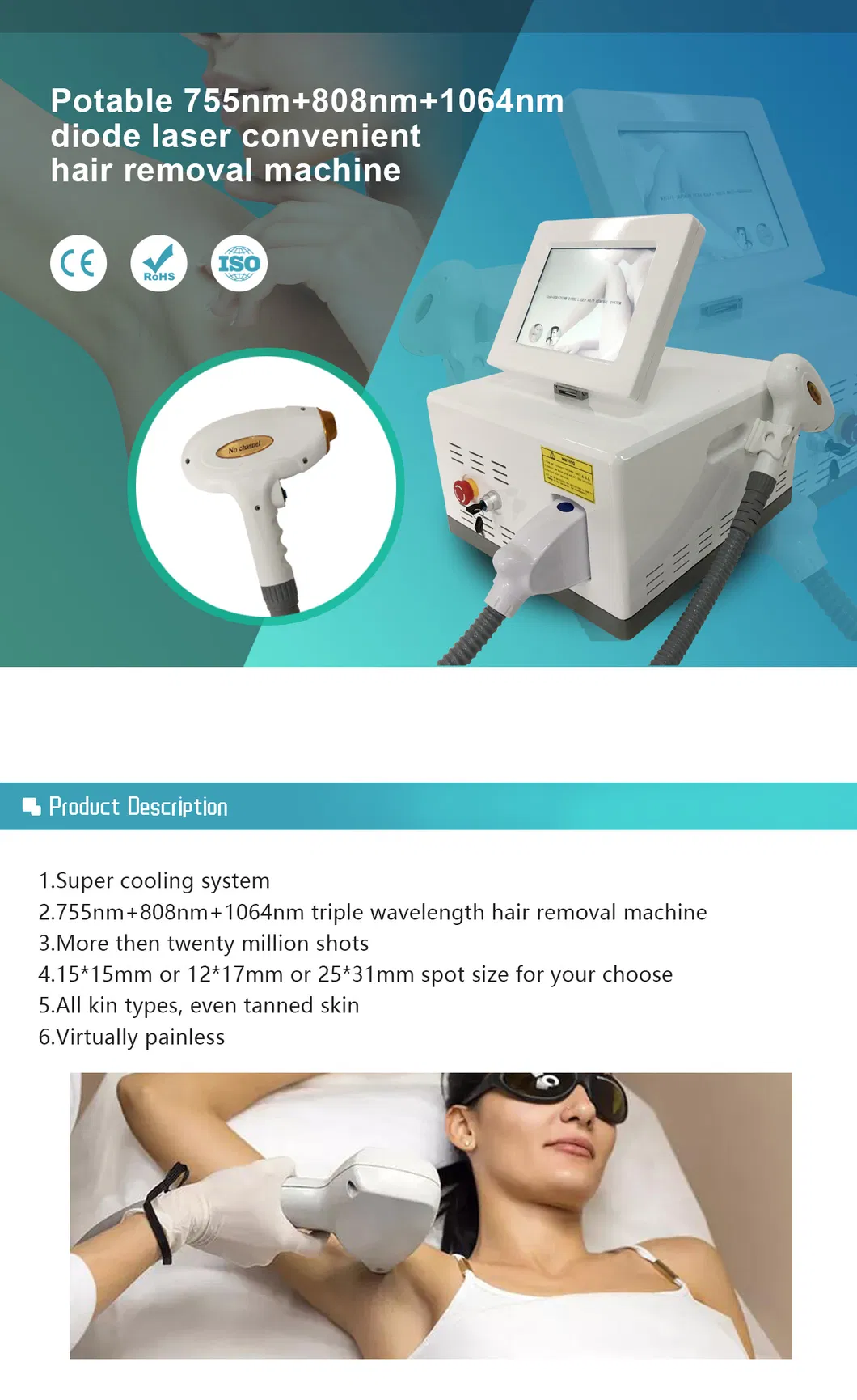 Triple Wavelength 755 808 1064 Laser 755nm Hair Removal Portable Equipment
